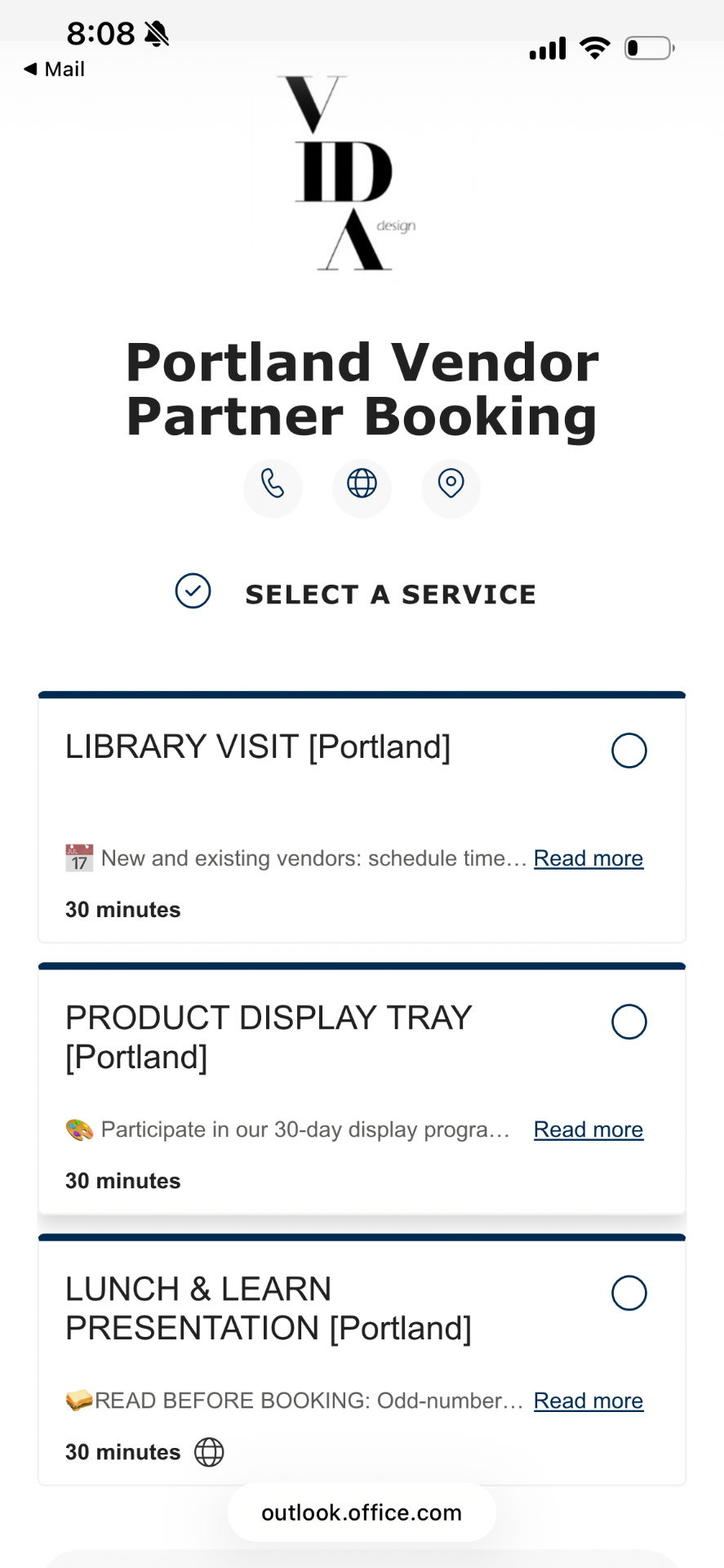 Portland Vendor Partner Booking screen showing a Select a Service list with Library Visit, Product Display Tray and Lunch & Learn Presentation options, each 30 minutes